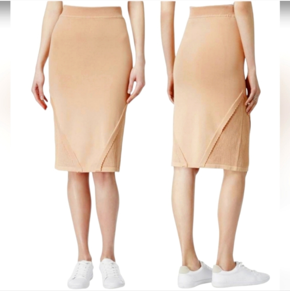 Rachel Roy Bodycon Pencil Skirt with Pointelle and Ruffle Details Tan Size Small
